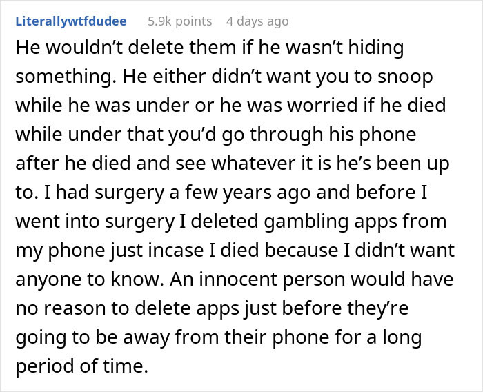 Text post from a forum explaining why a husband’s deleted phone apps raise suspicion during surgery, causing confusion. Text post from a forum explaining why a husband’s deleted phone apps raise suspicion during surgery, causing confusion.