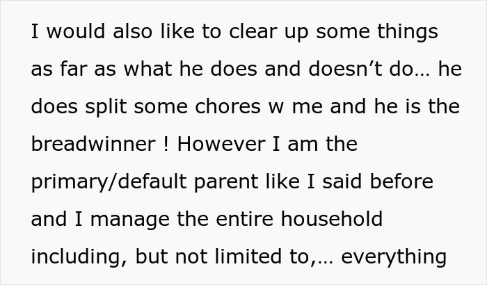 Text excerpt showing a wife explaining household and parenting responsibilities while husband expects her to work and study full time with two kids. Text excerpt showing a wife explaining household and parenting responsibilities while husband expects her to work and study full time with two kids.