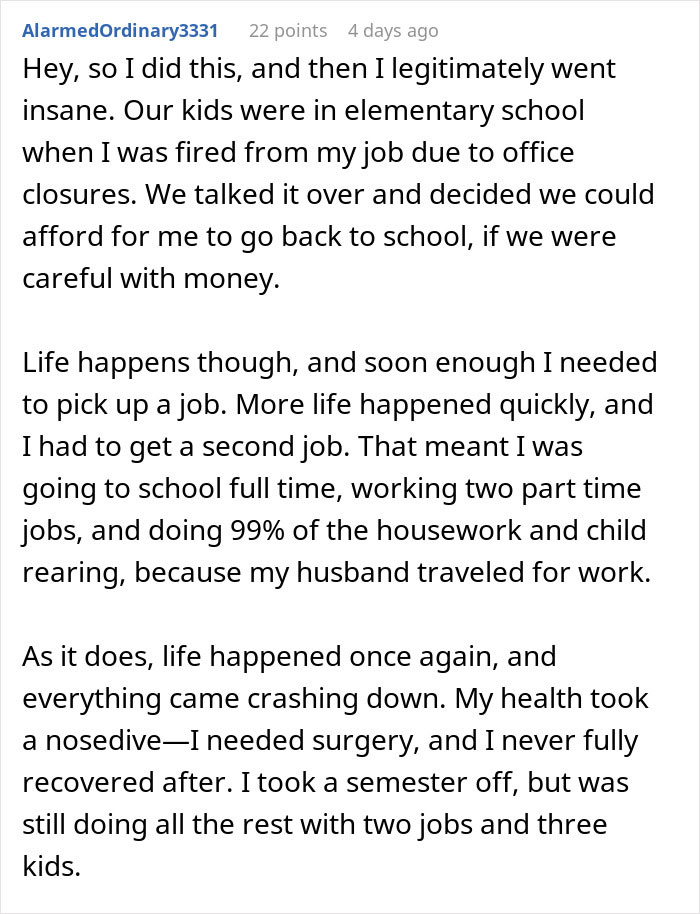 Text post describing a wife working two jobs, studying full time, managing housework, and raising kids while husband expects her to do it all. Text post describing a wife working two jobs, studying full time, managing housework, and raising kids while husband expects her to do it all.