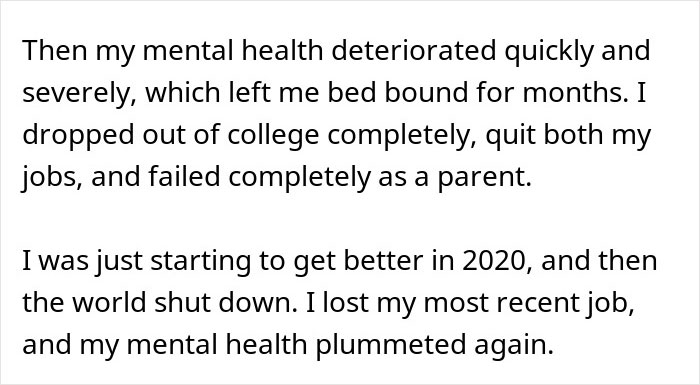 Text excerpt describing mental health decline after husband expects wife to work and study full time while caring for two kids. Text excerpt describing mental health decline after husband expects wife to work and study full time while caring for two kids.