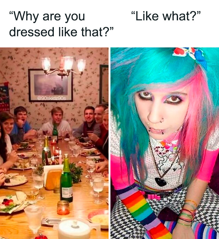 Millennial 90s meme comparing family dinner to colorful 90s scene with vibrant fashion and makeup.