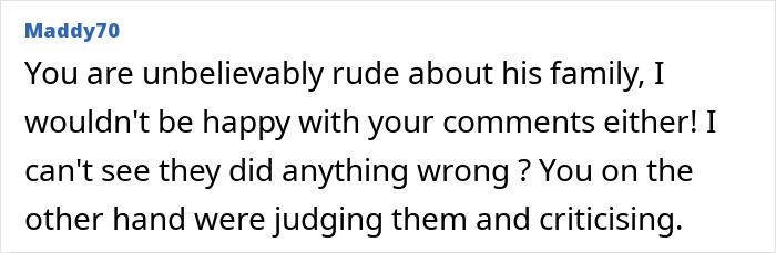 Screenshot of a user comment criticizing rude behavior about family in a discussion on hosting MIL and SIL.