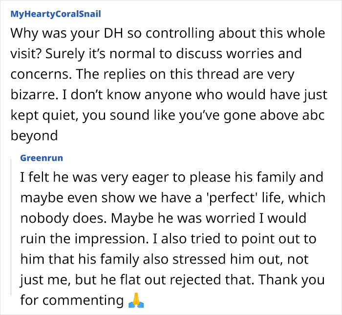 Screenshot of online discussion about wife hosting MIL and SIL, husband labeled as controlling and fake in private complaints.