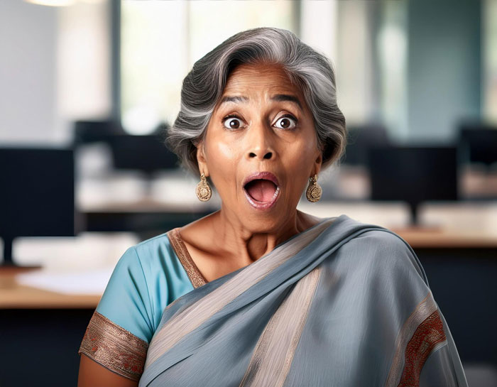 Elderly woman in traditional attire looking shocked while learning about husband parents native language differences. Elderly woman in traditional attire looking shocked while learning about husband parents native language differences.