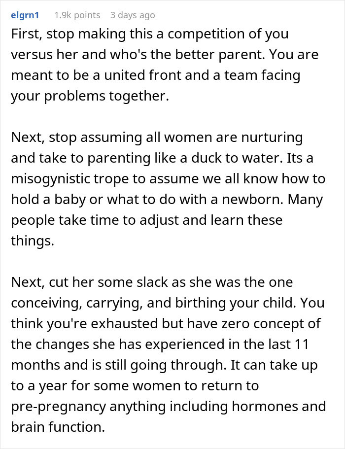 Text comment explaining new mom struggles with taking care of baby and husband judging, emphasizing understanding and support. Text comment explaining new mom struggles with taking care of baby and husband judging, emphasizing understanding and support.
