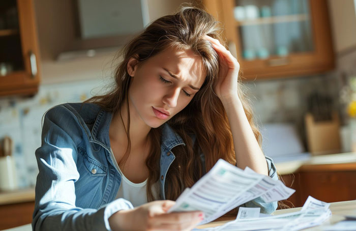 Woman looking stressed while reviewing bills at home, reflecting on husband spending almost 12K a year on his hobby. Woman looking stressed while reviewing bills at home, reflecting on husband spending almost 12K a year on his hobby.