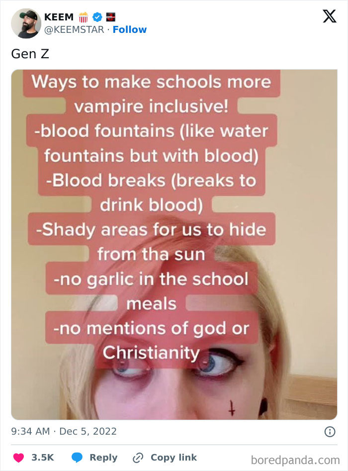 Screenshot from TikTok listing humorous vampire-friendly school ideas with a person looking up, related to smart TikTok content.