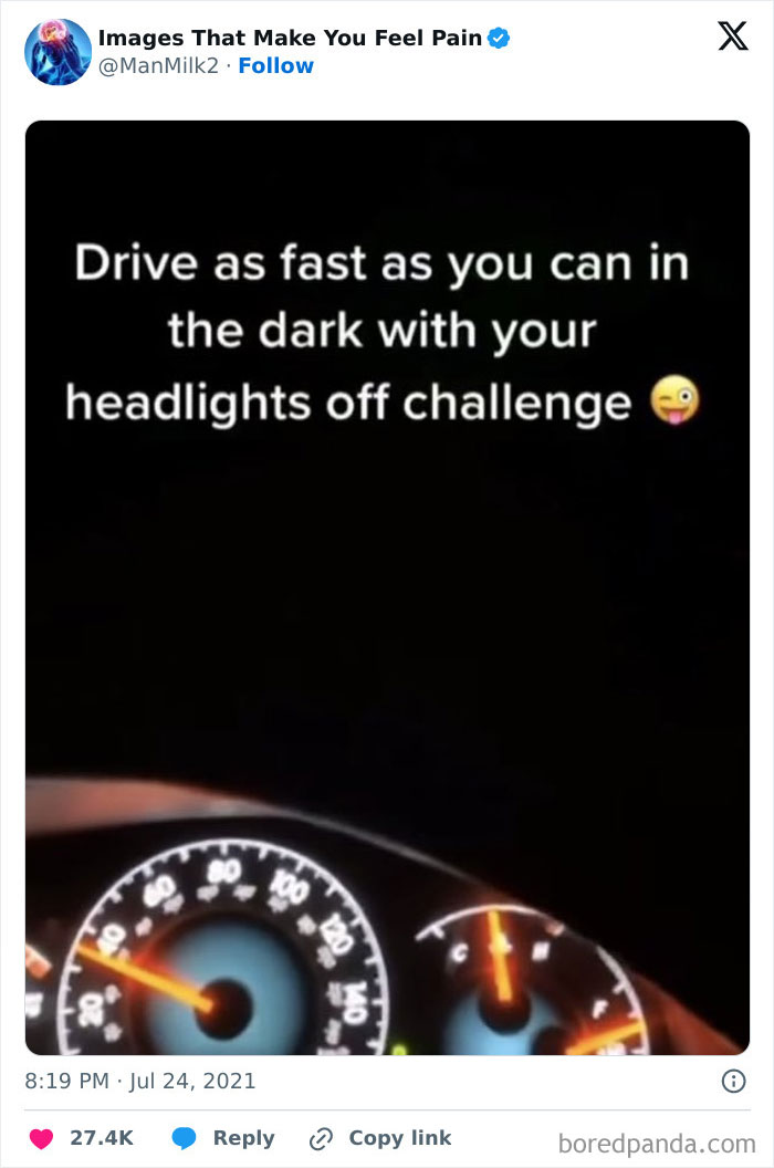 Screenshot from TikTok showing a dashboard with a speed challenge to drive fast in the dark with headlights off.