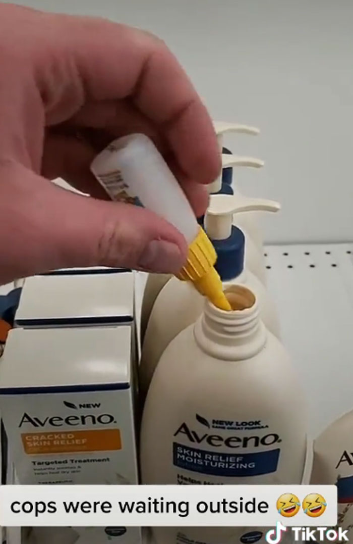 Hand filling an Aveeno lotion bottle with glue shown in a TikTok screenshot to highlight clever hacks and smart tricks.