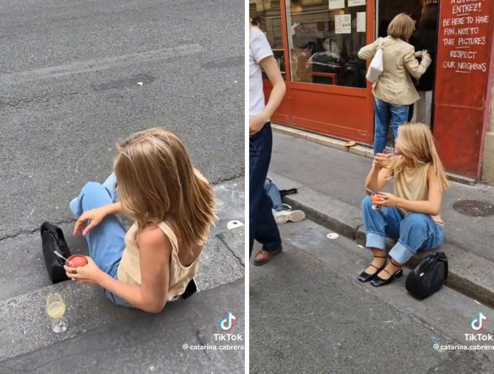 Young woman sitting on a city curb enjoying a drink, shown in two TikTok screenshots conveying casual street moments.