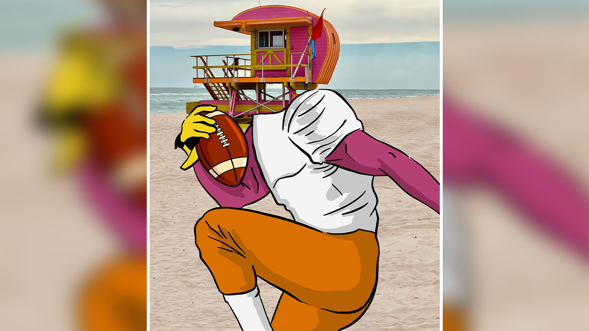 Illustration of a football player with a yellow cartoon hand on a beach in a reimagined landscape with famous characters.