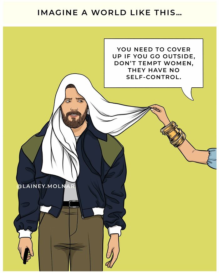 Illustration by Lainey Molnar showing a man covering himself with a cloth, challenging societal expectations about women.