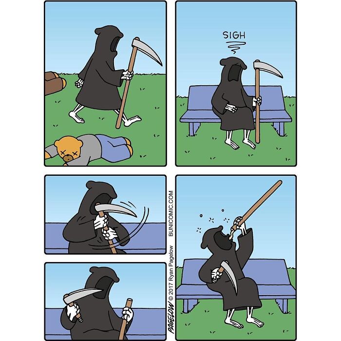 Comic panels showing the Grim Reaper as a funny character struggling with his scythe on a park bench.