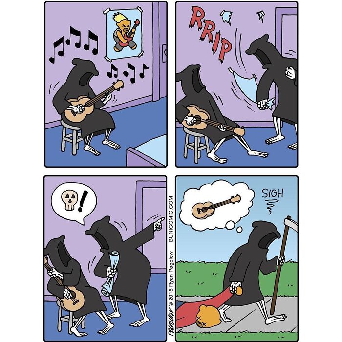 Comic panels show the Grim Reaper playing guitar, getting scolded for it, and sadly walking away with his scythe and a pumpkin.
