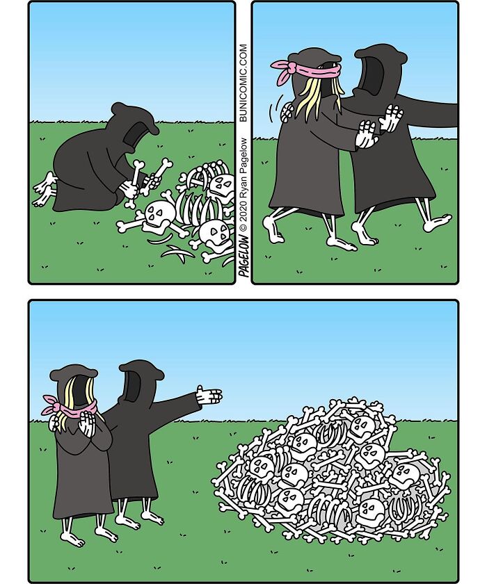 Comic panels showing a grim reaper character in a funny interaction with another reaper and a pile of bones.