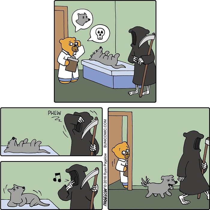 Comic strip showing a funny Grim Reaper character interacting with a bear doctor and a dog in a playful scene.