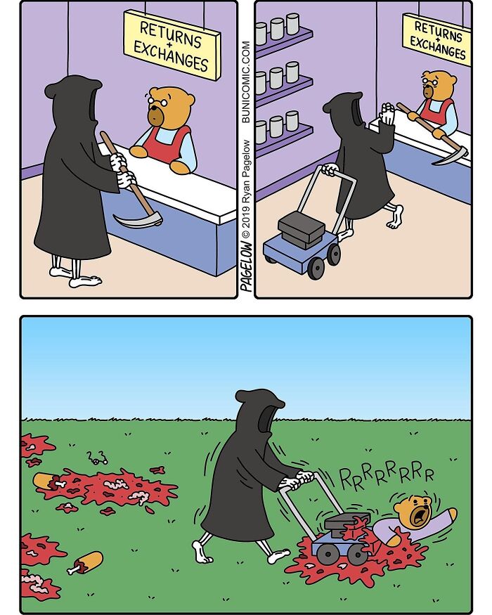 The Grim Reaper humorously returning and mowing over a cartoon bear in a comic strip.