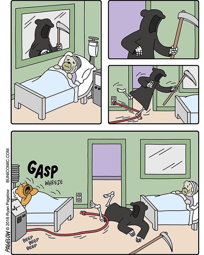 Comic strip showing the Grim Reaper tripping over a cord and falling, creating a funny comic moment with a patient in a hospital room.