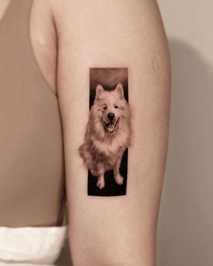 Realistic dog pet tattoo on upper arm, created by a Korean tattoo artist specializing in emotional pet tattoos.