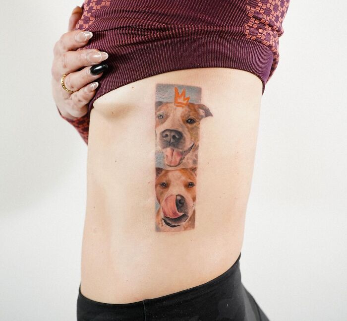 Realistic dog tattoo on side torso created by a Korean tattoo artist known for emotional pet tattoos.