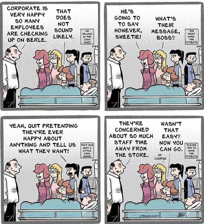 Comic strip humorously capturing relatable work and everyday life moments with employees, a boss, and a hospital scene.