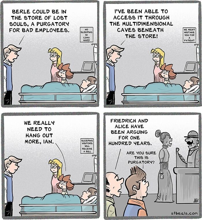 Comic strip humorously depicting relatable work and everyday life situations in a hospital setting with characters discussing purgatory.