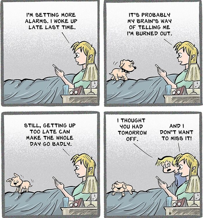 Comic panels showing a woman and dog discussing burnout and late mornings, relatable work and everyday life humor.