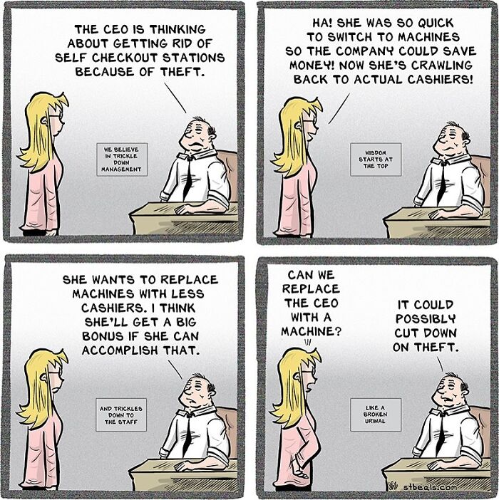 Comic depicting a humorous office scene about replacing cashiers with machines in relatable work everyday life.