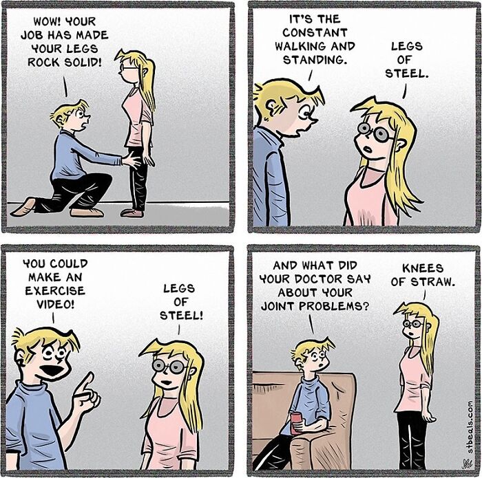Comic panels showing relatable work and everyday life humor about strong legs and joint problems in a casual conversation.