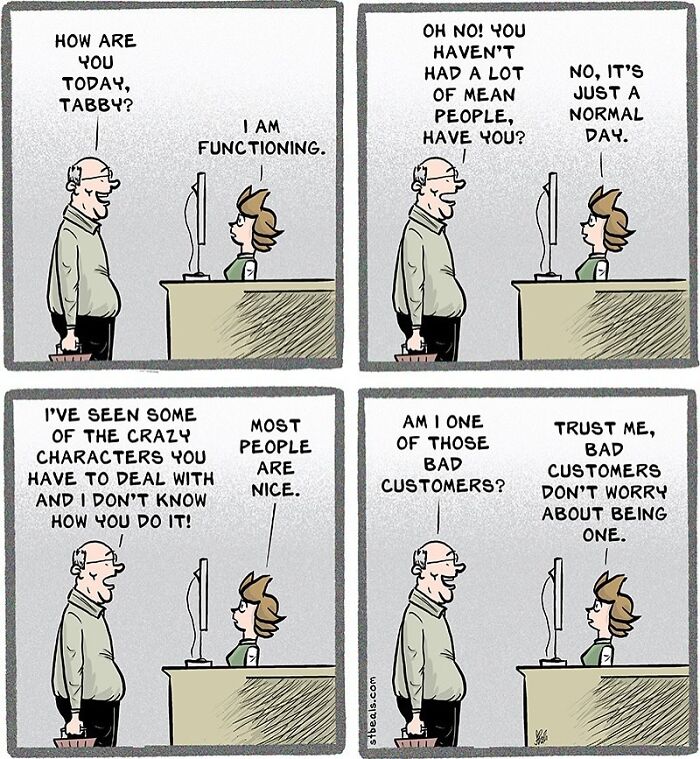 Comic strip showing a humorous work conversation highlighting relatable and hilarious moments from everyday life.