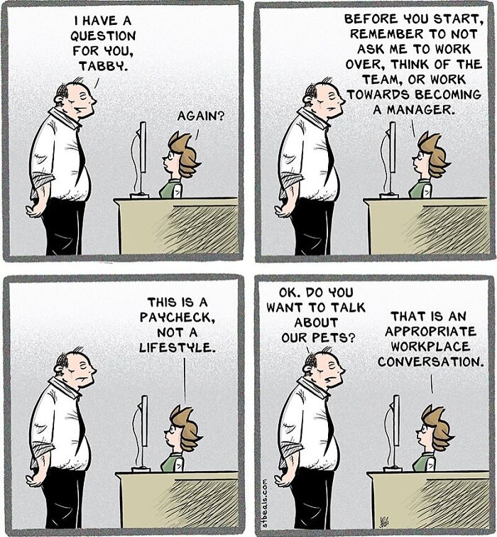 Four-panel comic showing office workers having a humorous workplace conversation about paychecks and pets.