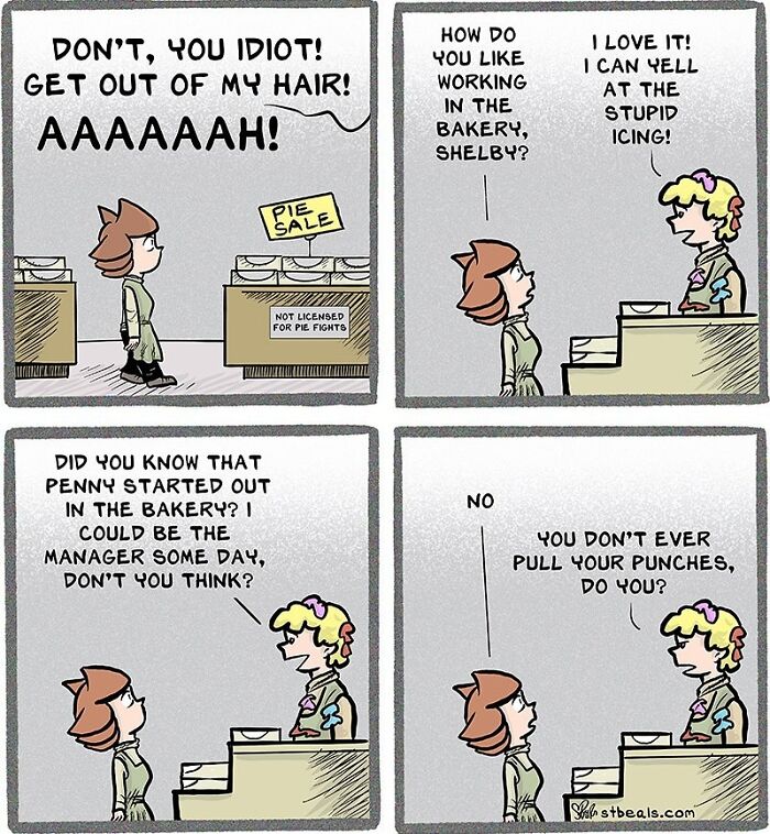 Comic strip showing a humorous conversation capturing relatable work and everyday life moments in a bakery setting.