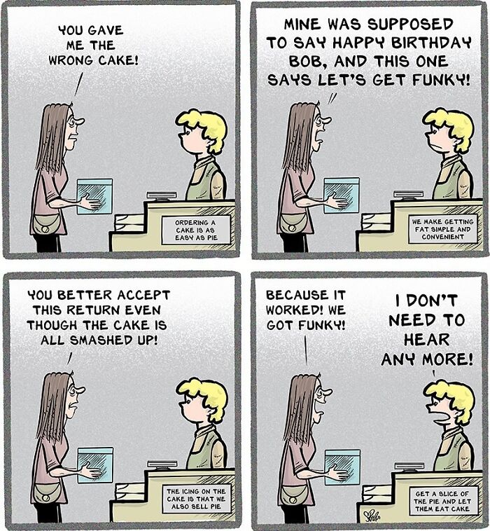 Relatable and hilarious comic showing a funny cake order mix-up capturing work and everyday life humor.