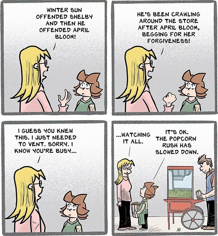 Comic strip showing relatable and hilarious moments in everyday life with characters talking and a popcorn stand nearby.