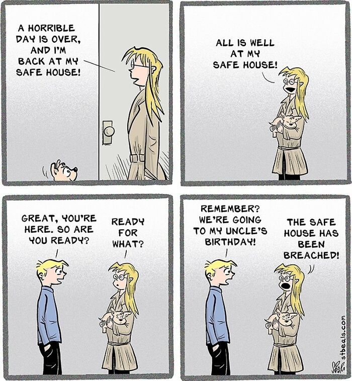 Comic panels showing a woman returning to her safe house, then revealing it's been breached, capturing relatable work and everyday life humor.