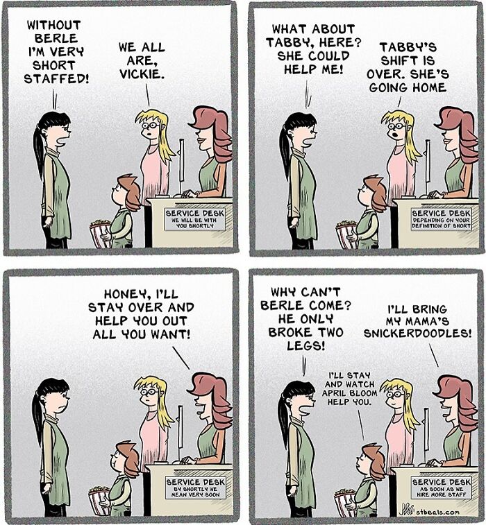 Work and everyday life comic strip showing humorous dialogue about being short staffed at a service desk with playful coworkers.
