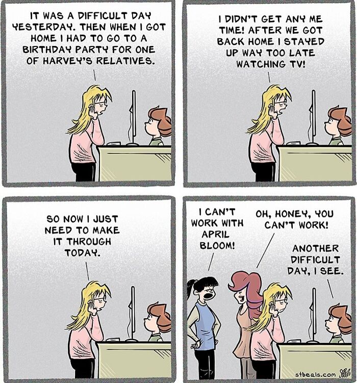 Four-panel comic showing a tired woman at work discussing the challenges of balancing work and everyday life.