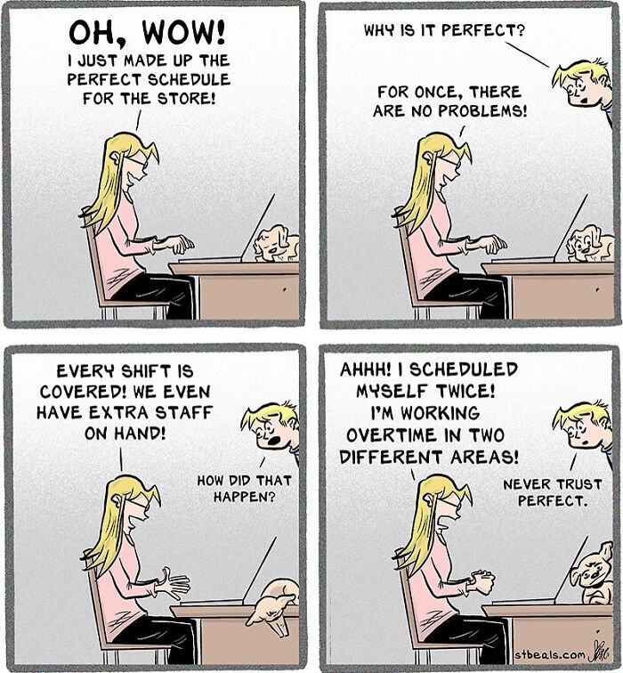 Relatable and hilarious comic illustrating work schedule challenges and everyday life humor with a woman and a cat at a desk.