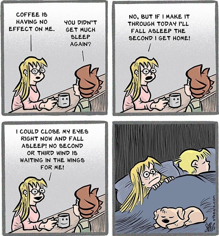 Comic panels showing a tired woman discussing lack of sleep and coffee’s effect in relatable work and everyday life comics.