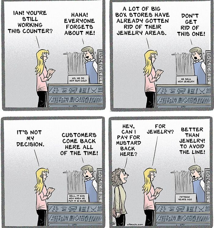 Comic panels showing relatable work and everyday life humor with a jewelry counter clerk and customers interacting.