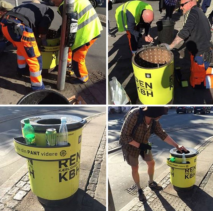 Workers and pedestrians using bright yellow recycling bins in a Danish city street setting, highlighting Denmark's practicality.