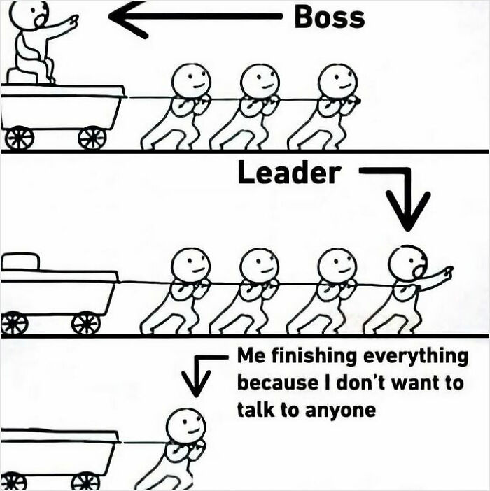 Simple black and white introvert meme showing differences between boss, leader, and introvert working alone quietly.