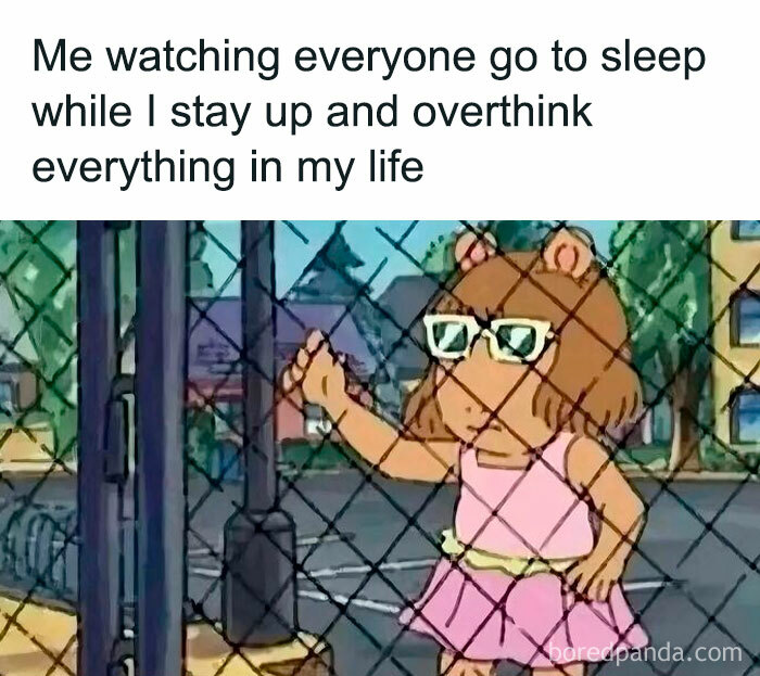 Introvert meme showing a character overthinking alone at night after socializing, capturing the introvert experience.