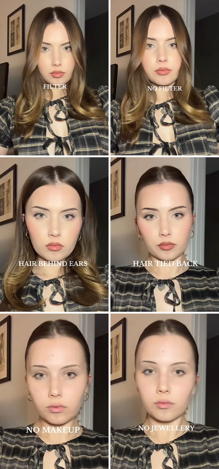 Woman showing contrast of social media perfection with filter, no filter, hair styles, makeup, and jewelry removal.