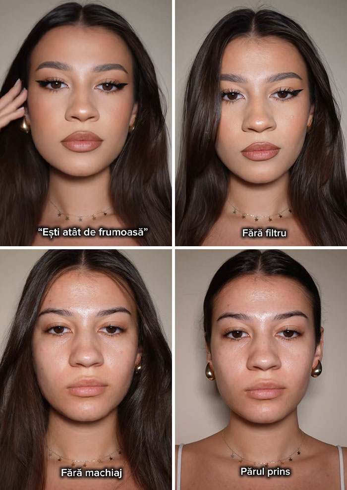 Women revealing the truth behind social media perfection showing makeup, filter, and natural looks in four frames.