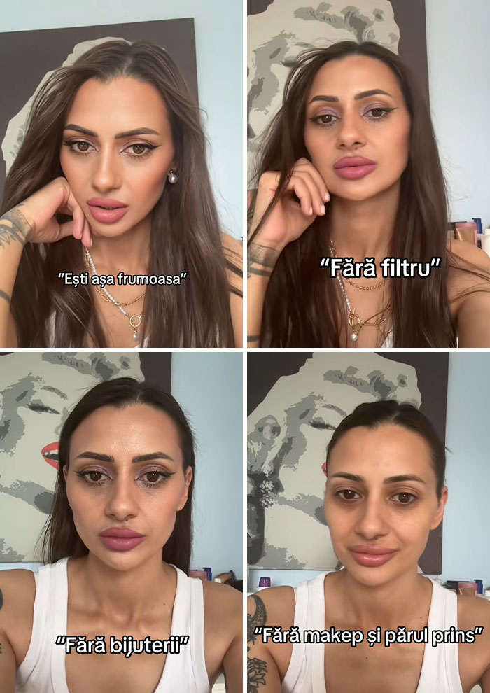 Woman showing social media perfection vs natural look, revealing truth behind filters and makeup in sequential frames.