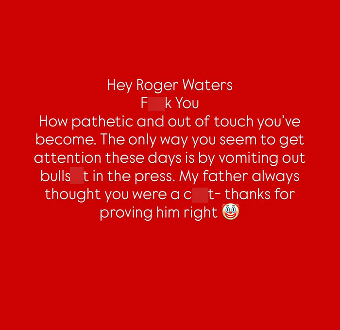 Text on red background showing a son's fiery response to Roger Waters amid idiocy and nonsense accusations.