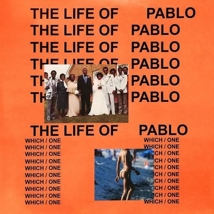 Album cover for The Life of Pablo featuring repeated text and two small photos on an orange background, known as a bad album cover.