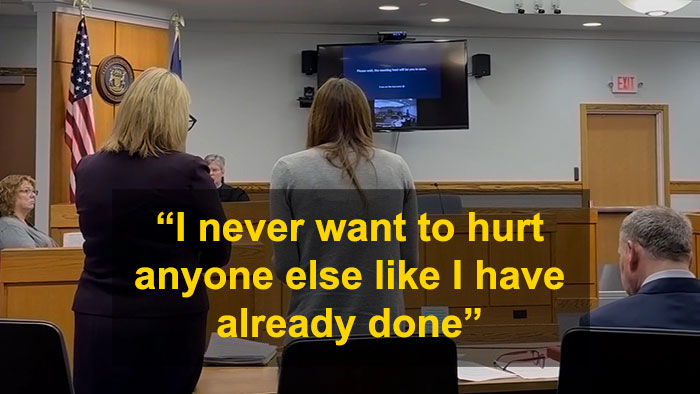 A mom in court sharing a tearful message before sentencing for anonymously sending daughter lewd texts. A mom in court sharing a tearful message before sentencing for anonymously sending daughter lewd texts.