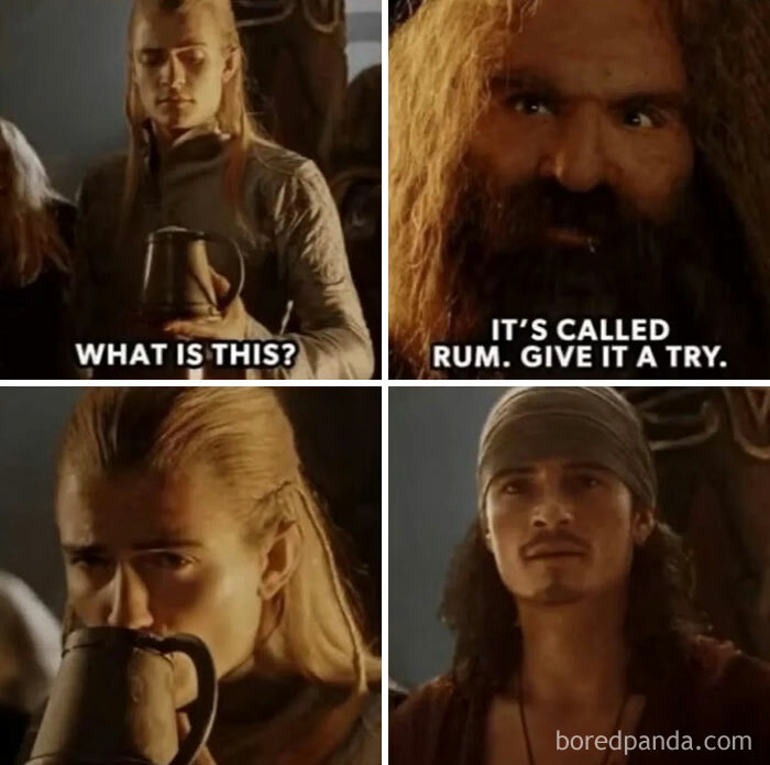 Four-panel Lord of the Rings meme featuring Legolas and a dwarf discussing rum, highlighting hilarious moments from the films.